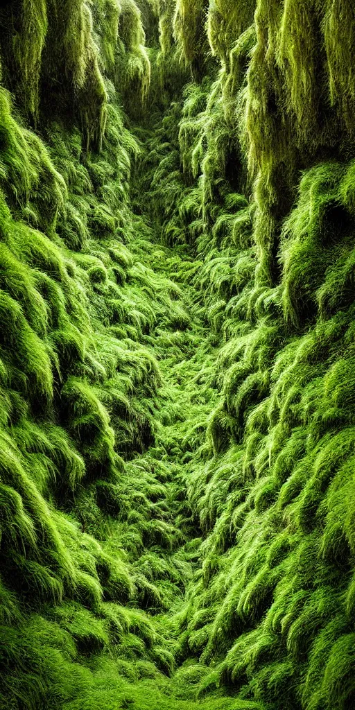 Image similar to dream looking through, a hyper realistic photograph fertile, lush mossy ferns canyon, ferns, minimalist structure, misty, raining, icelandic valley, in the style of reuben wu, roger deakins