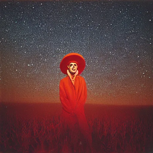 Image similar to photograph taken by a rolleiflex tlr, 1 2 0 mm, portrait, a human face morphing into an amanita muscaria mushroom, shot by ryan mcginley, moon in sky, night time