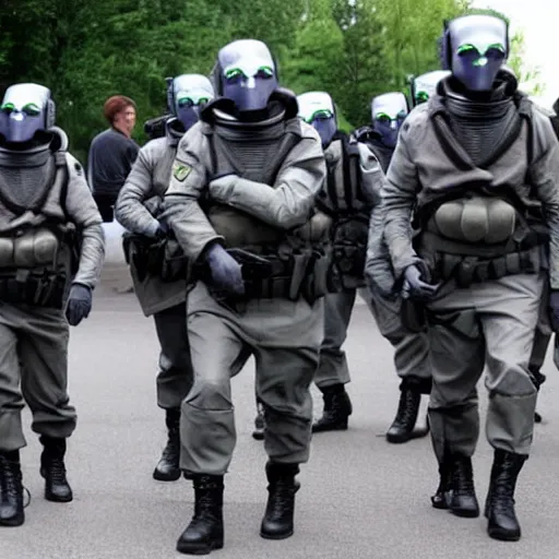 Prompt: spetsnaz arresting an extraterrestrial grey xfiles alien reticulan