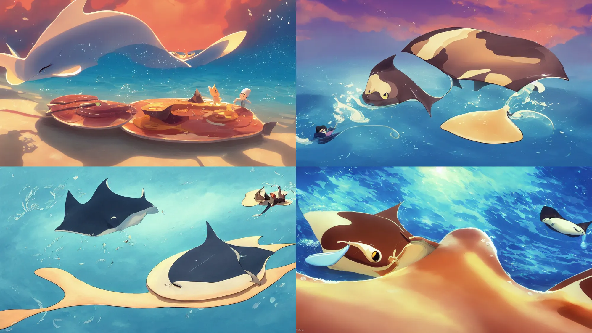 Prompt: painting of a happy flat pancake manta ray swimming in syrup, cute, 4 k, manta ray made of pancake, fantasy food world, living food adorable pancake, brown atmospheric lighting, by makoto shinkai, studio ghibli, ross tran