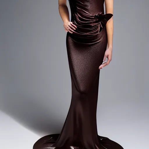 Image similar to a beautiful evening gown made of fluid dark chocolate, on a mannequin.. studio lighting, high quality, high resolution