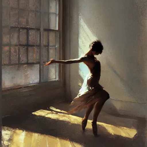 Prompt: portrait of a emotional dancer practicing alone, soft window light, long shadows, by craig mullins, jeremy mann.