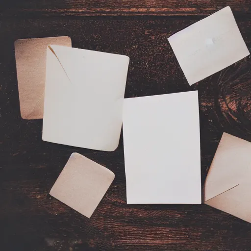 Prompt: instant photograph of love letters on a dark wood table, polaroid, light leak, depth of field