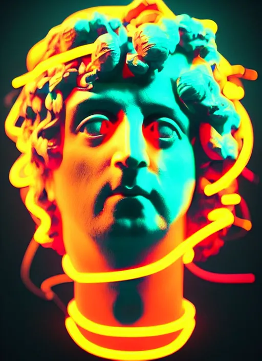 Prompt: bust of dionysus, beeple, vaporwave, retrowave, black background, neon wiring, black, glitch, strong contrast, cuts, pinterest, trending on artstation