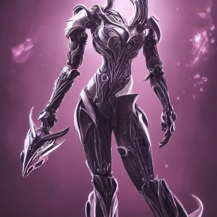 Image similar to highly detailed exquisite fanart, of a beautiful female warframe, but as an anthropomorphic robot dragon, shiny white silver armor engraved, Fuchsia skin beneath the armor, sharp claws, long tail, robot dragon hands and feet, elegant pose, close-up shot, full body shot, epic cinematic shot, professional digital art, high end digital art, singular, realistic, DeviantArt, artstation, Furaffinity, 8k HD render