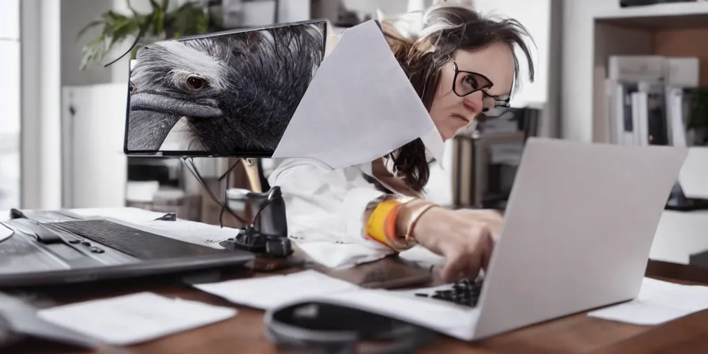 Image similar to a stressed ostrich doing taxes in front of a laptop, trending photo