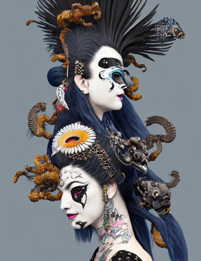 Image similar to 3 d goddess close - up profile portrait punk with mohawk in victorian style with ram skull. beautiful intricately detailed japanese crow kitsune mask and clasical japanese kimono. betta fish, jellyfish phoenix, bio luminescent, plasma, ice, water, wind, creature, artwork by tooth wu and wlop and beeple and greg rutkowski