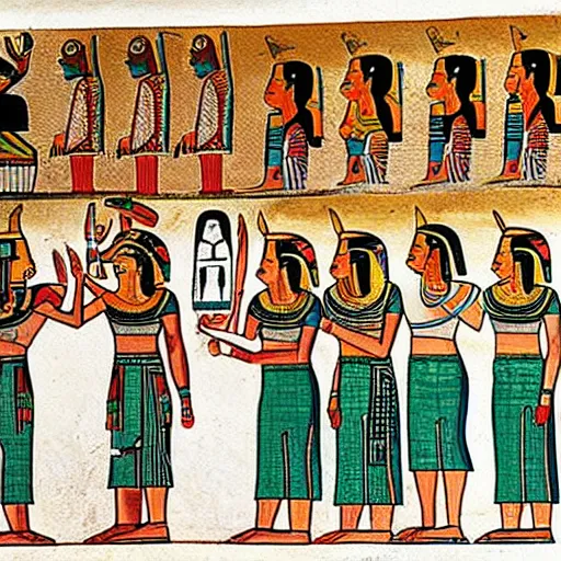 Image similar to founded egyptian painting of humans praising an emoji god