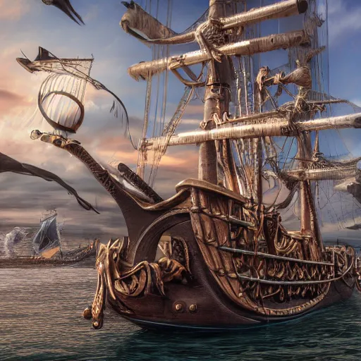 Prompt: modern metal pirate ship, highly detailed, 4k, HDR, smooth, sharp focus, hyper realistic, high resolution