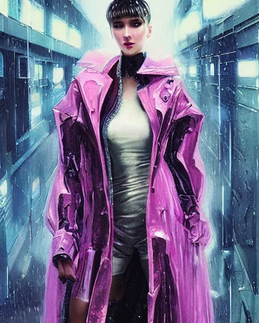 Image similar to detailed European Pretty Young Girl Storm Rain bladerunner movie Jacket coat, Futuristic sci-fi fashion, royal attire, low-emission-neon by ismail inceoglu dragan bibin hans thoma greg rutkowski Alexandros Pyromallis Nekro Rene Margitte illustrated Perfect face, sharp chine, fine details, realistic shaded, fine-face, pretty face