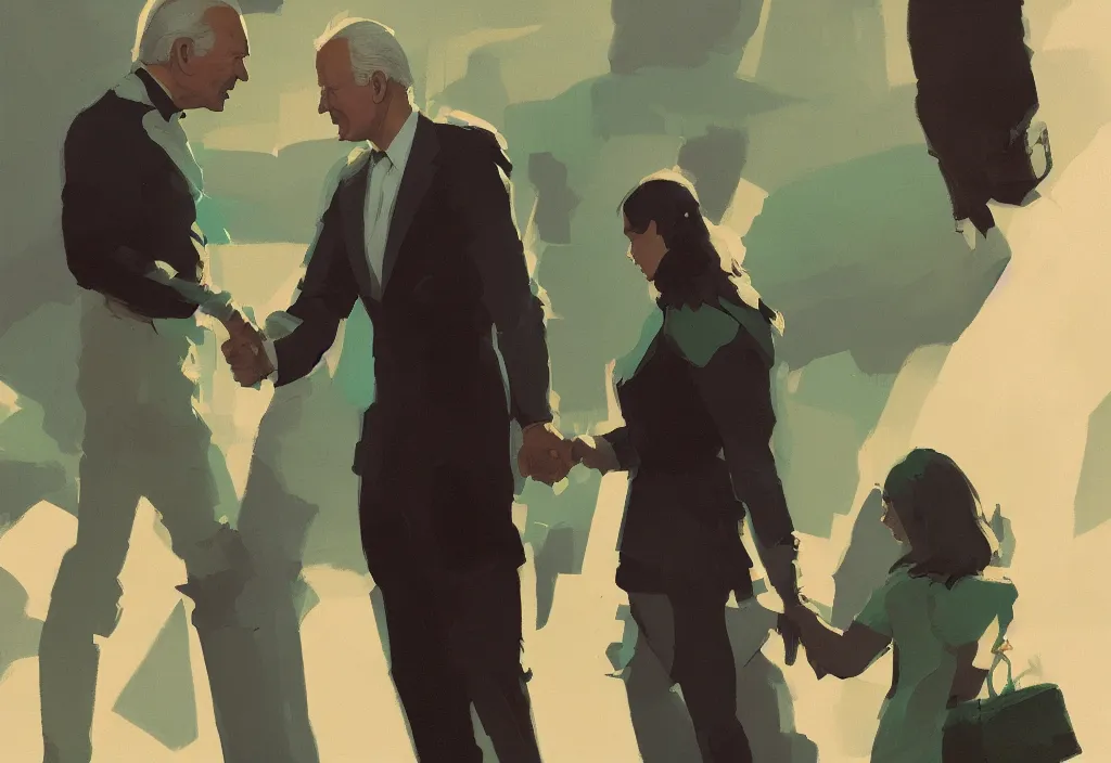 Image similar to joe biden and anya taylor - joy shaking hands, by atey ghailan, by greg rutkowski, by greg tocchini, by james gilleard, by joe gb fenton, dynamic lighting, gradient light green, brown, blonde cream, salad and white colors in scheme, grunge aesthetic