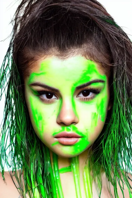 Image similar to close up headshot of selena gomez made out of celery, a human face with celery for hair, a bunch of celery sitting on a cutting board, professional food photography, selena gomez wearing green face paint