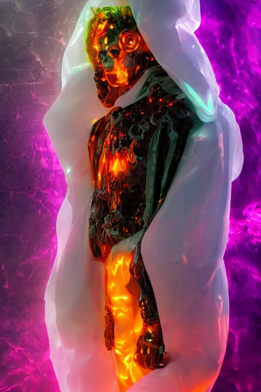 Image similar to photo of fullbody rococo and cyberpunk delicate neon crystalline sculpture of seductive muscular onyx albino marble prince liam payne orange iridescent humanoid deity wearing pink plastic hooded cloak holding an onyx skull in a onyx space dungeon, reclining, glowing yellow face, crown of white diamonds, cinematic lighting, photorealistic, octane render 8 k depth of field 3 d