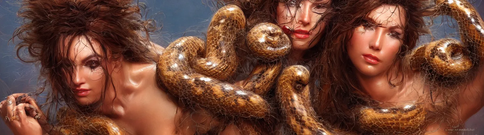 Image similar to beauty woman wrapped in bear fur, snakes for hair, detailed face, surrounded by spiders, very detailed, dramatic lighting, detailed mechanical hands, electrical details, high details, 4k, 8k, trending on artstation, by Hajime Sorayama and Boris Vallejo