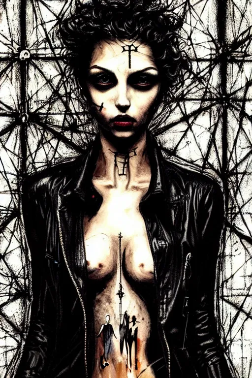 Prompt: dreamy gothic girl, black leather slim clothes, attractive and amazing, beautiful woman body, detailed acrylic, grunge, intricate complexity, by dan mumford and by alberto giacometti, peter lindbergh