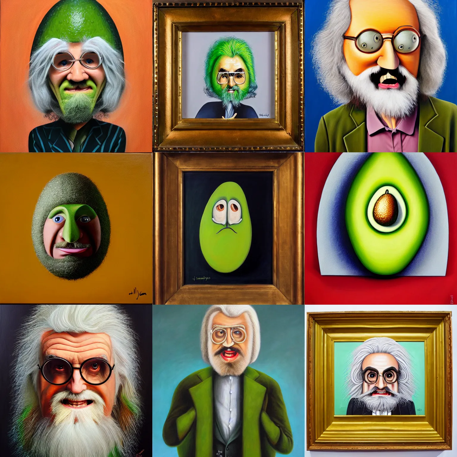 Prompt: the anthropomorphic avocado billy connolly by john byrne, photorealistic oil on canvas