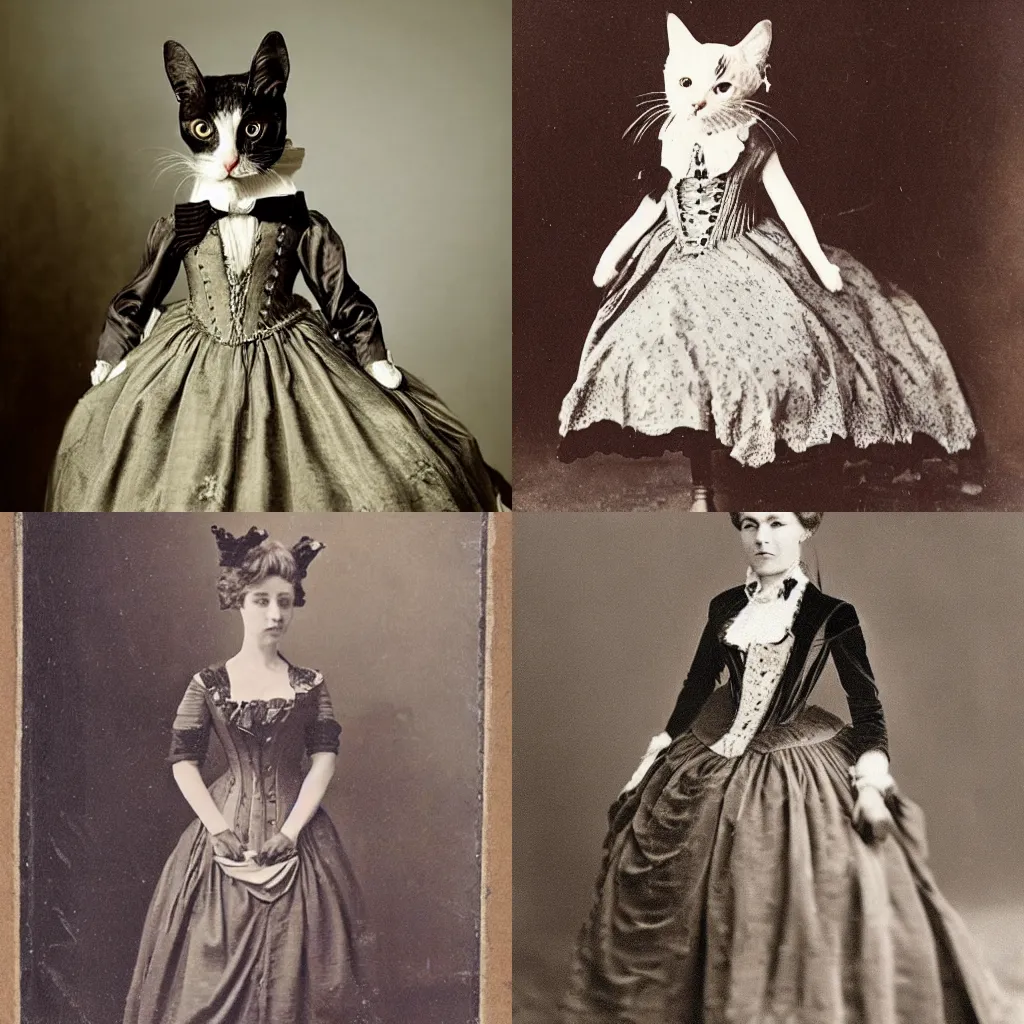 Prompt: cat in a victorian era dress,