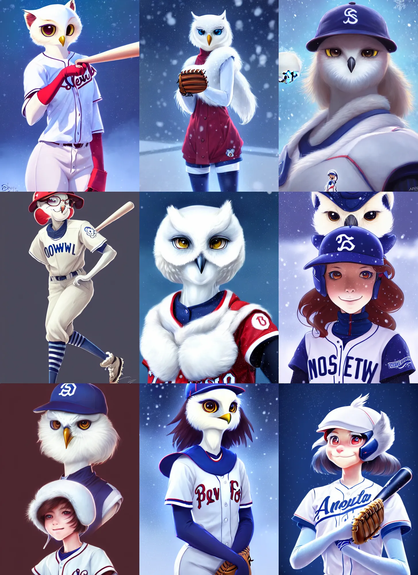 Prompt: beautiful portrait of a female anthropomorphic snow owl fursona wearing a baseball uniform. baseball stadium backgroundd. character design by disney, charlie bowater, ross tran, artgerm, and makoto shinkai, detailed, soft lighting, rendered in octane