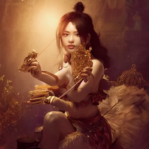 Image similar to the portrait, masked female violinist, exotic costumes, gold jewelry, black hair ， illustration by wenjun lin, irakli nadar, bright colors, octopath traveler, wenjun lin, unreal engine 5 highly rendered, global illumination, radiant light, detailed and intricate environment