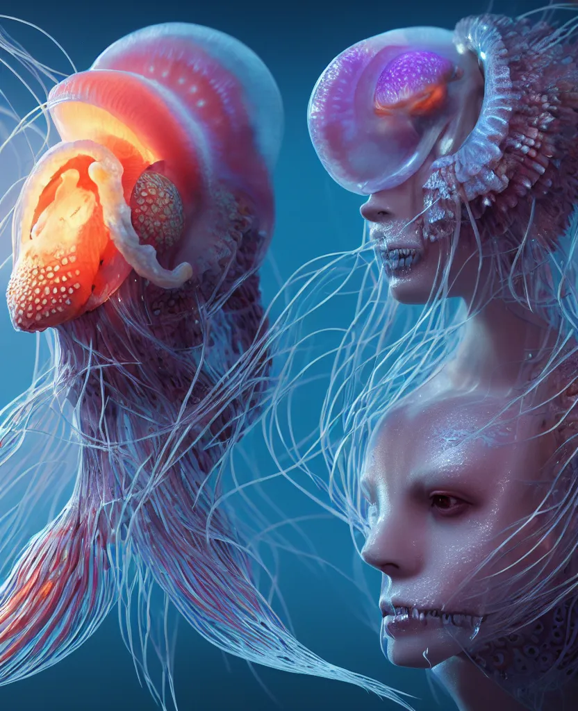 Image similar to goddess close-up portrait ribcagel. jellyfish phoenix head, nautilus, orchid, skull, betta fish, bioluminiscent creatures, intricate artwork by Tooth Wu and wlop and beeple. octane render, trending on artstation, greg rutkowski very coherent symmetrical artwork. cinematic, hyper realism, high detail, octane render, 8k