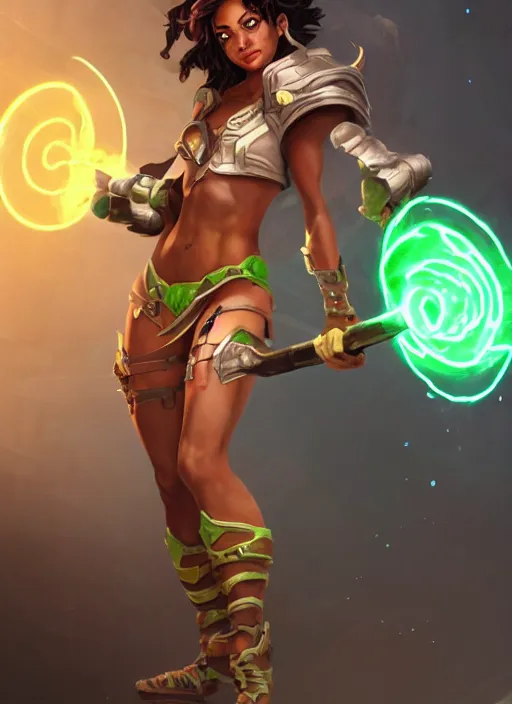 Image similar to senna from league of legends, au naturel, holding a giant weapon, with abs, brown skin, glowing green neon eyes, digital art, trending in artstation, cinematic lighting, studio quality, smooth render, unreal engine 5 rendered, octane rendered, art style by klimt and nixeu and ian sprigger and wlop and krenz cushart