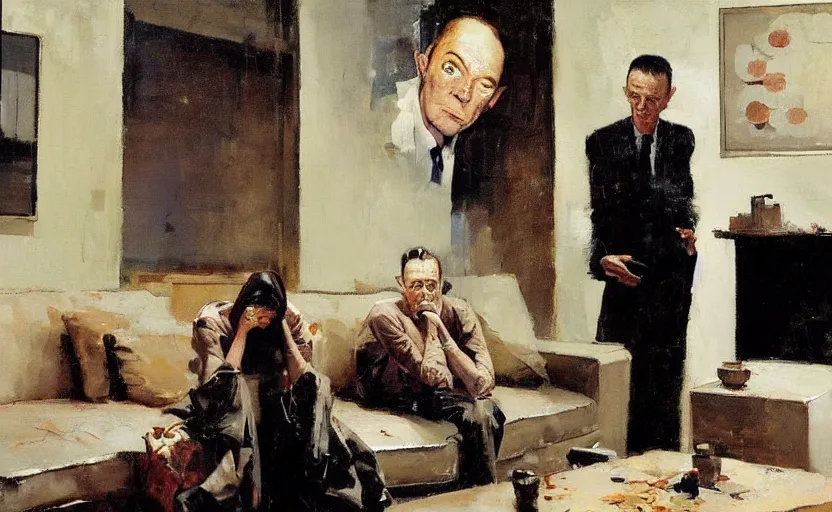 Prompt: a thin man cowers in a corner whilst his wife stands on a coffee table in a dark living room, painted by phil hale and rick berry and norman rockwell and jeremy mann, highly detailed