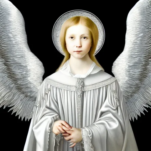 Image similar to highdetailed hyperrealistic painting of white angel!!! no gender smiling noface!!!, light instead of hands, white sparkles everywhere, 4 k hd face!!!, big silver high detailed wings!!!, renaissance, by jan van eyck, holography space, glow effect, large strokes, monochrome!!!!!