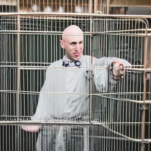 Image similar to bald white man wearing a monkey suit inside a cage. 5 0 mm f 5. 7