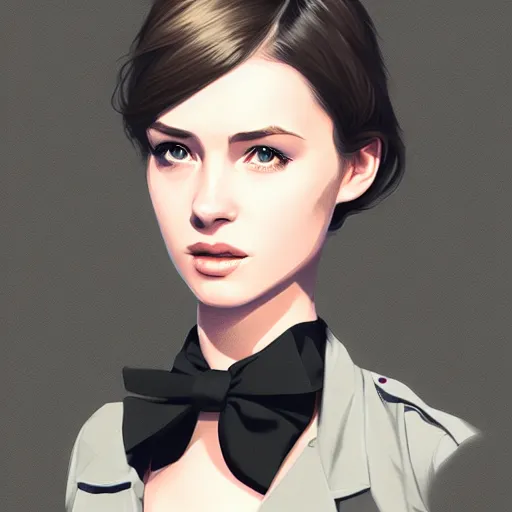 Image similar to young british special ops female in black tuxedo, muted colors, matte print, pastel colors, 2d, ultra highly detailed, smooth, sharp focus, digital art, digital painting, fan art, elegant, artstation, head is centered, by Ilya Kuvshinov