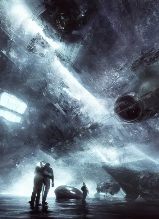 Prompt: concept art by craig mullins infrared complex and hyperdetailed astronauts hugging in futuristic dark and empty spaceship underwater. reflection and dispersion materials. rays and dispersion of light. volumetric light. 5 0 mm, f / 3 2. noise film photo. flash photography. unreal engine 4, octane render. interstellar poster. dramatic light.