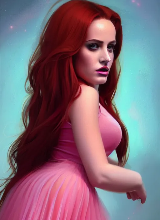 Image similar to full body portrait of teenage cheryl blossom, bangs, green eyes, sultry expression, red hair, sultry smirk, bangs and wavy hair, pink skirt, intricate, elegant, glowing lights, highly detailed, digital painting, artstation, concept art, smooth, sharp focus, illustration, art by wlop, mars ravelo and greg rutkowski