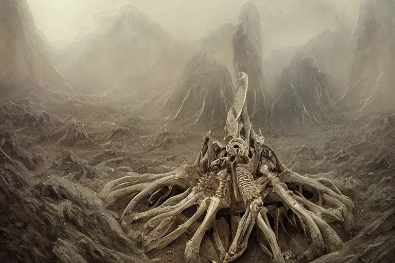 Image similar to amazing concept painting, by Jessica Rossier and HR giger and Beksinski, prophecy, hallucination, the middle of a valley; it was full of bones, bones that were very dry, there was a noise, a rattling sound, and the bones came together, bone to bone , I looked, and tendons and flesh appeared on them and skin covered them, but there was no breath in them and breath entered them, they came to life and stood up on their feet a vast army