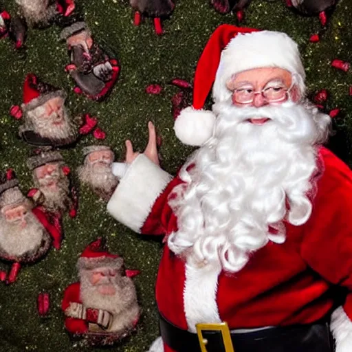 Image similar to UHD candid photo of Santa in front of a hole in the ground filled with dead elves, with accurate face, UHD, photorealistic, correct face, photo by Annie Leibovitz