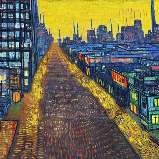 Image similar to painting of a cyberpunk city with high tech and flying cars in the style of vincent van gogh