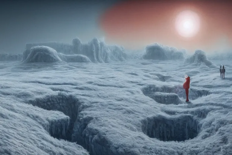 Prompt: surreal frozen landscape, painting by beeple and zdzisław beksinski, red color scheme, a matte painting by li shida, cgsociety, context art, redshift, matte painting, reimagined by industrial light and magic