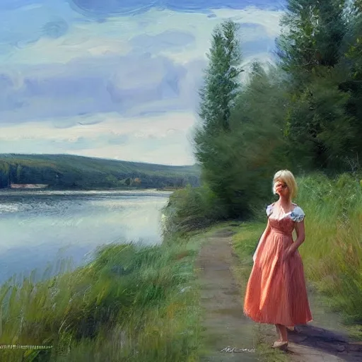 Image similar to blonde woman, dress, swedish countryside, archipelago, morning, masterpiece, highly detailed, beautiful, atmospheric, impressionism, wlop, artstation, painting by Vladimir Volegov