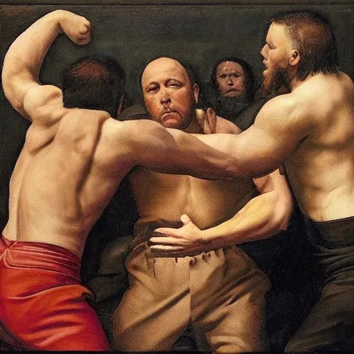 Image similar to three clones of Alex Jones fighting in a courtroom, renaissance painting