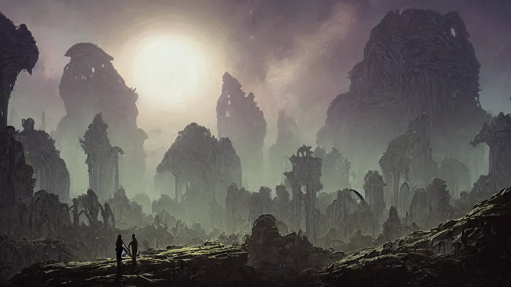 Prompt: eerie atmospheric alien planet with biomechanical plants and the ruins of civilization by les edwards and vincent di fate and anato finnstark, epic cinematic matte painting