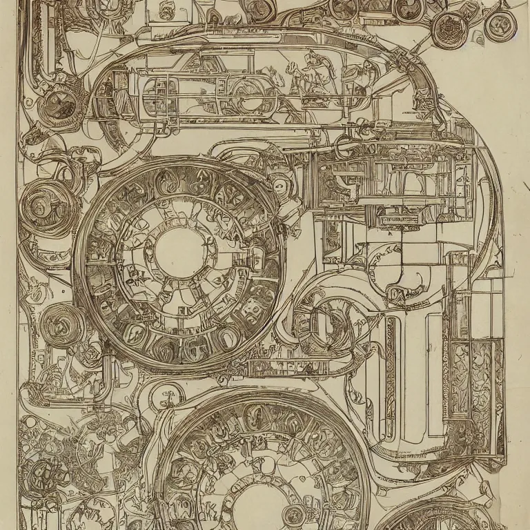 Image similar to detailed, intricate technical drawings on parchment from 1 8 4 0, with labels and notes, for a beautiful, symmetric, art deco submarine cutaway, by ron cobb and alphonse mucha