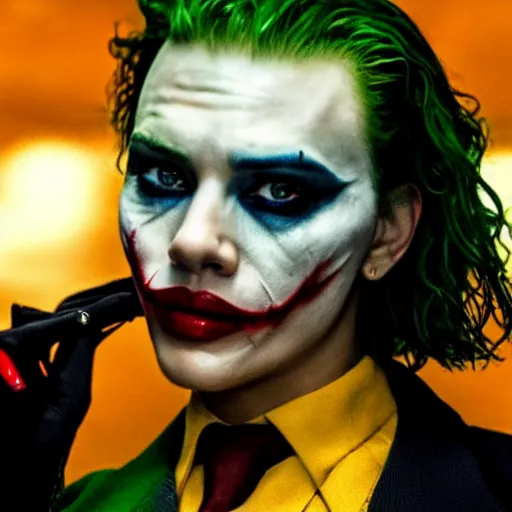 Image similar to stunning awe inspiring scarlett johansen as the joker, movie still 8 k hdr atmospheric lighting