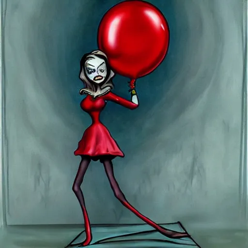 Image similar to grunge cartoon painting of margot robbie with a wide smile and a red balloon by chris leib, loony toons style, pennywise style, corpse bride style, horror theme, detailed, elegant, intricate