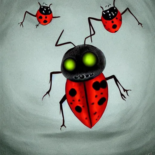 Image similar to 2 d ladybug as a monster, fantasy art style, scary atmosphere, nightmare - like dream