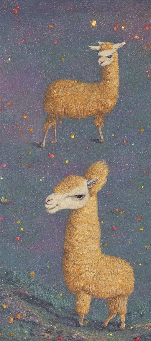 Image similar to detailed medieval oil painting of an alpaca in the forest of pastel feathers lit by small fireflies at night