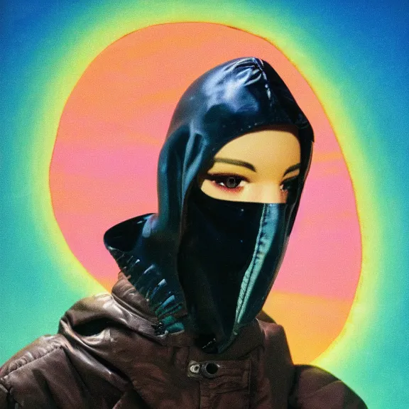 Prompt: model in plastic space mask wearing baggy colorful 9 0 s rick owens jacket by frank frazetta. sci fi book cover. pastel brutalist background.