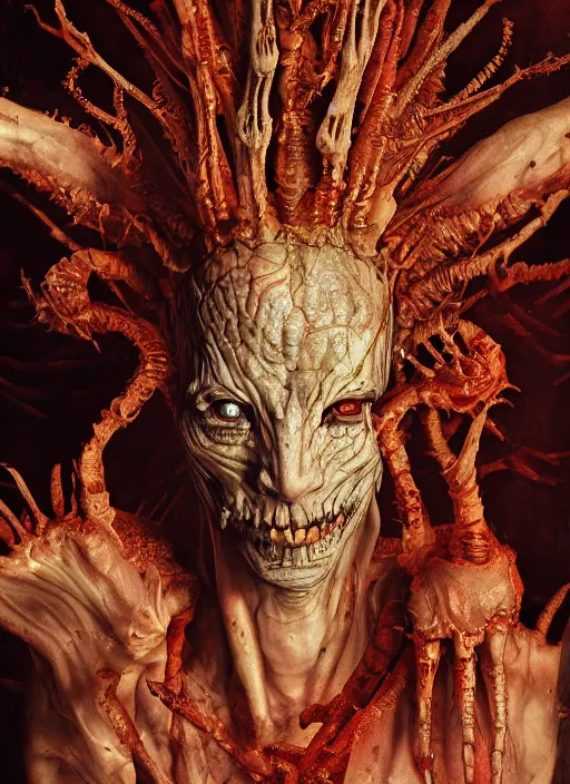 Prompt: portrait of Paimon, one of the kings of hell with translucent skin, visible muscles and veins and arteries and bones and spines and nerves, beautiful detailed intricate insanely detailed octane render, 8k artistic photography, photorealistic, chiaroscuro, by David Cronenberg, Raphael, Caravaggio