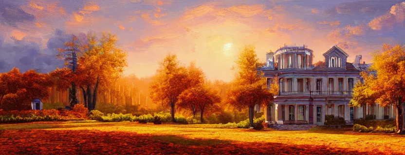 Prompt: oil landscape painting of a gigantic mansion, golden hour, ultra detailed, wallpaper, concept art, autumn, warm colors, wallpaper, 4 k, realistic lighting, brushstrokes, minimalistic, cinematic composition