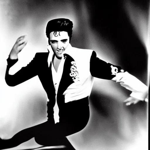 Image similar to black and white photograph of elvis dancing, in an alien spaceship