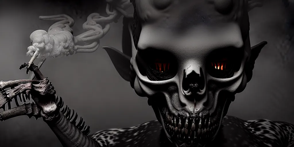 Image similar to a creature made of smoke, bones and darkness that devours anything it touches, creepy, ultrarealistic, 4 k, real engine 5