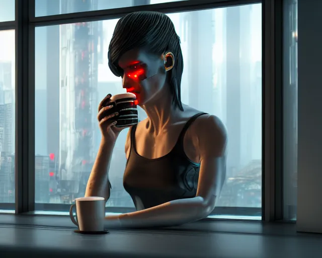 Image similar to a terminator cyborg lady with borg implants and optical fibers is drinking coffee near a window with dystopian city visible outside. very detailed 8 k. cyberpunk style. unreal engine render. global illumination. nanite. rtx. path tracing.