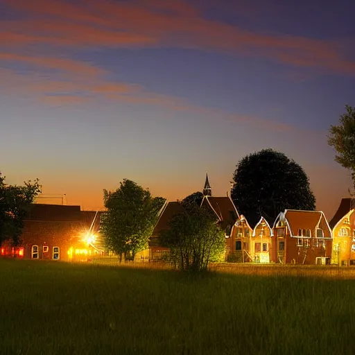 Prompt: a warm summer night in groningen, the netherlands, 2 0 0 8, detailed, wideshot, photorealistic, blue - yellow sky